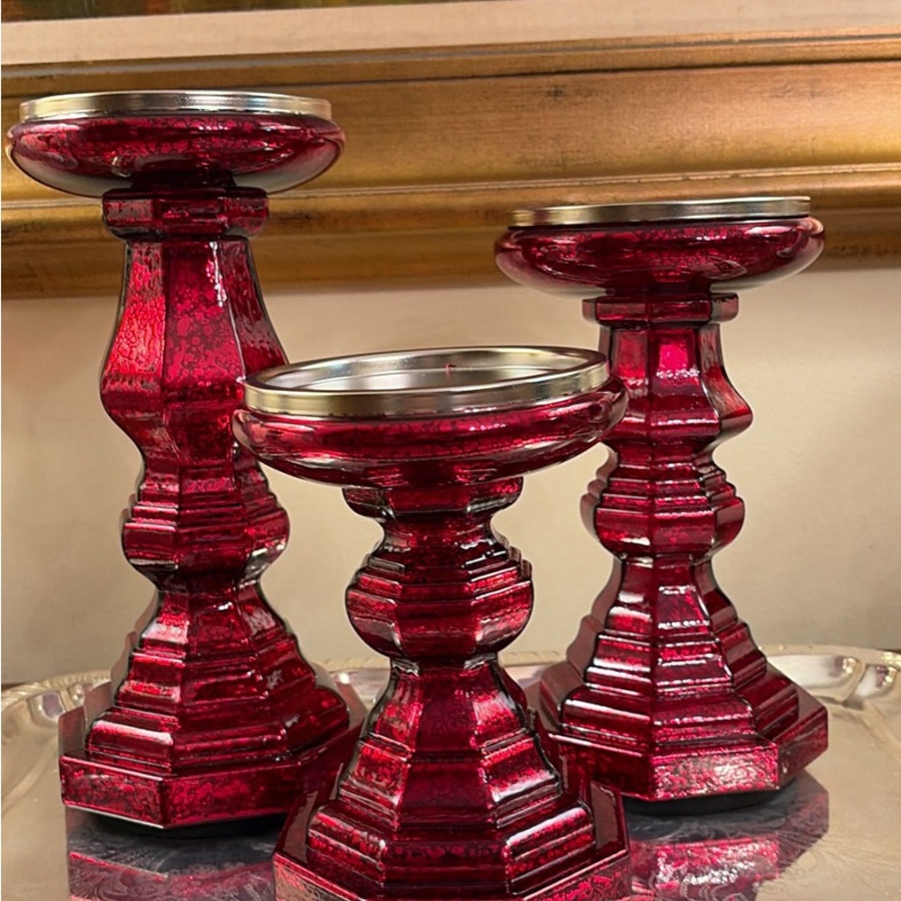 3 Valerie Parr Hill QVC Red Illuminated Candle Pedestals Mercury Glass